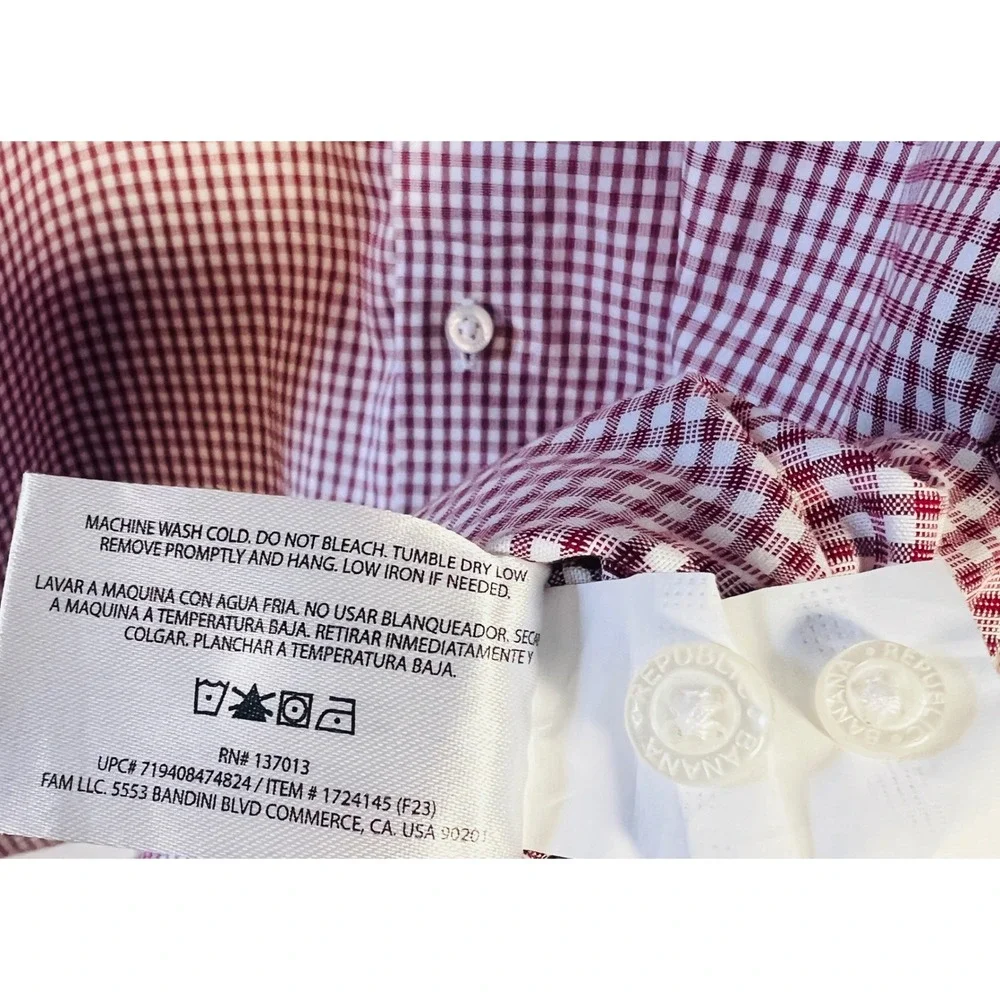 Banana Republic Mens Gingham‎ Check Long Sleeve Button Down Shirt Burgundy XL